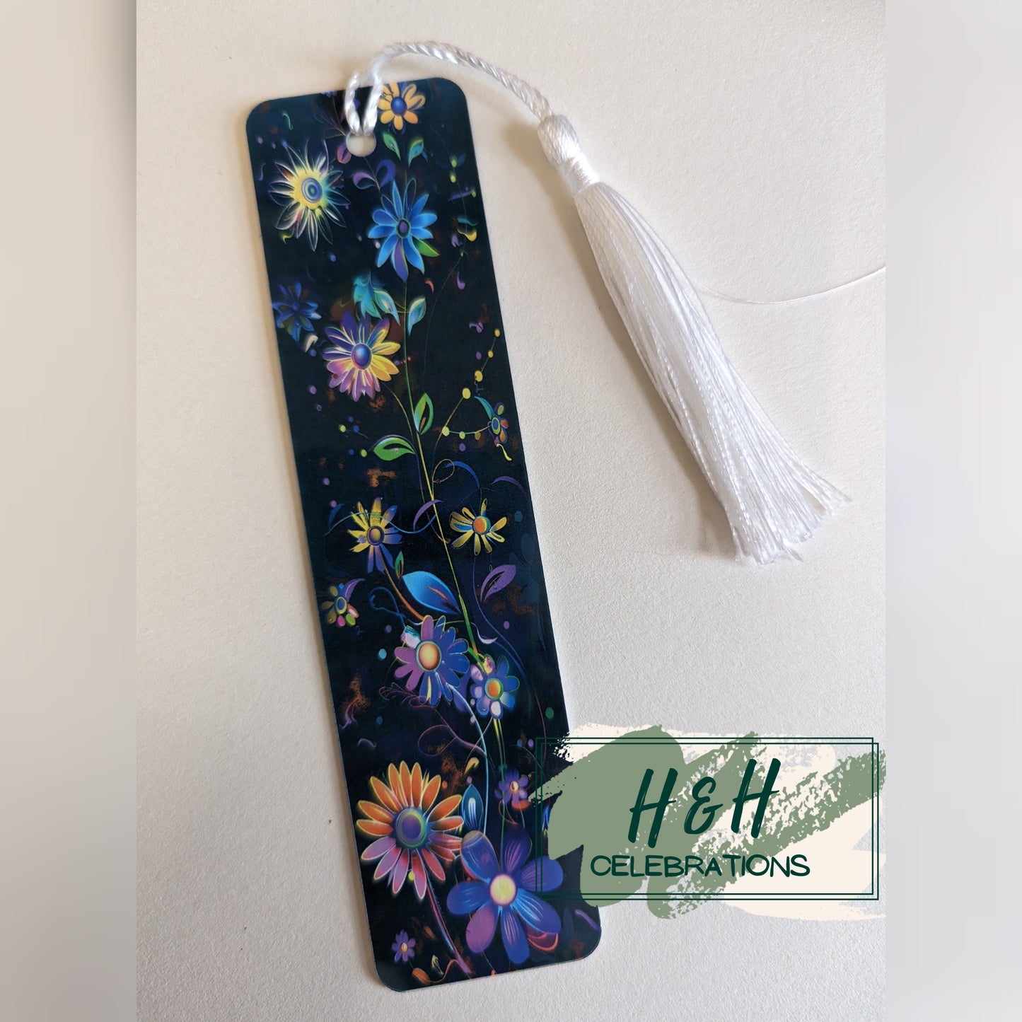 Black Background Neon Flowers Bookmark