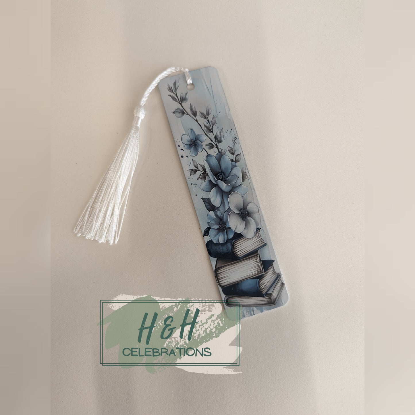 Blue Floral & Book Stack Bookmark