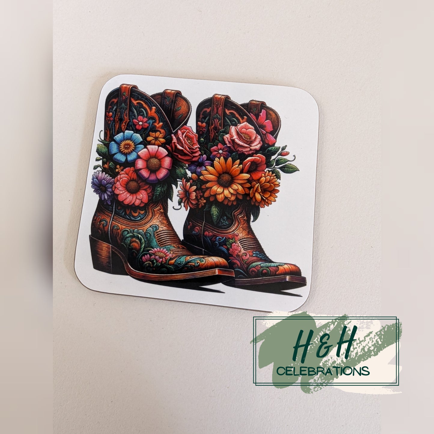 Brown Floral Cowboy Boots MDF Coaster - Design 1