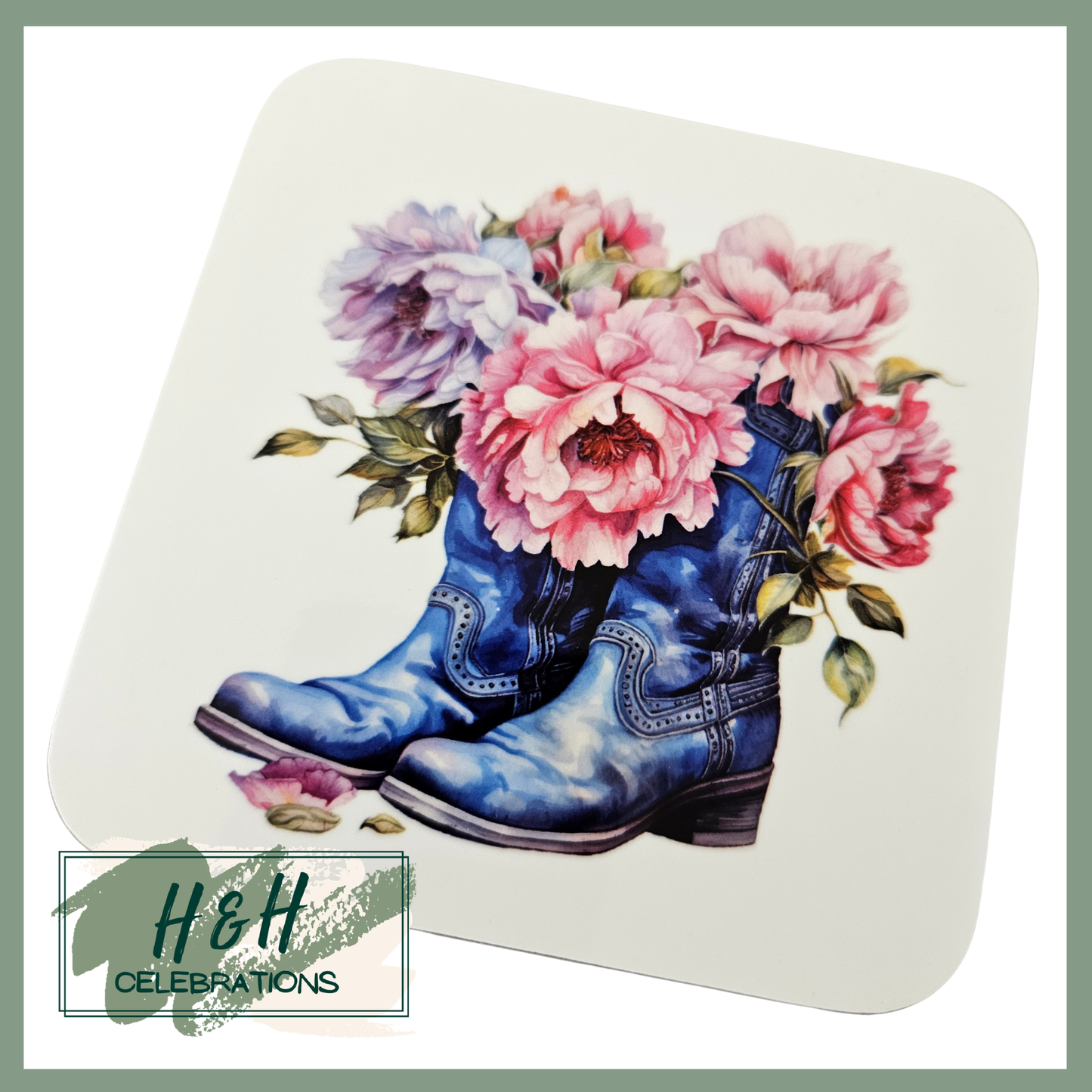 Blue Floral Cowboy Boots MDF Coaster - Design 2