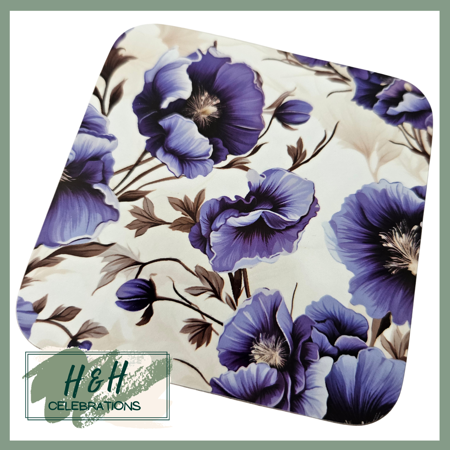 Blue Floral MDF Coaster - Design 4