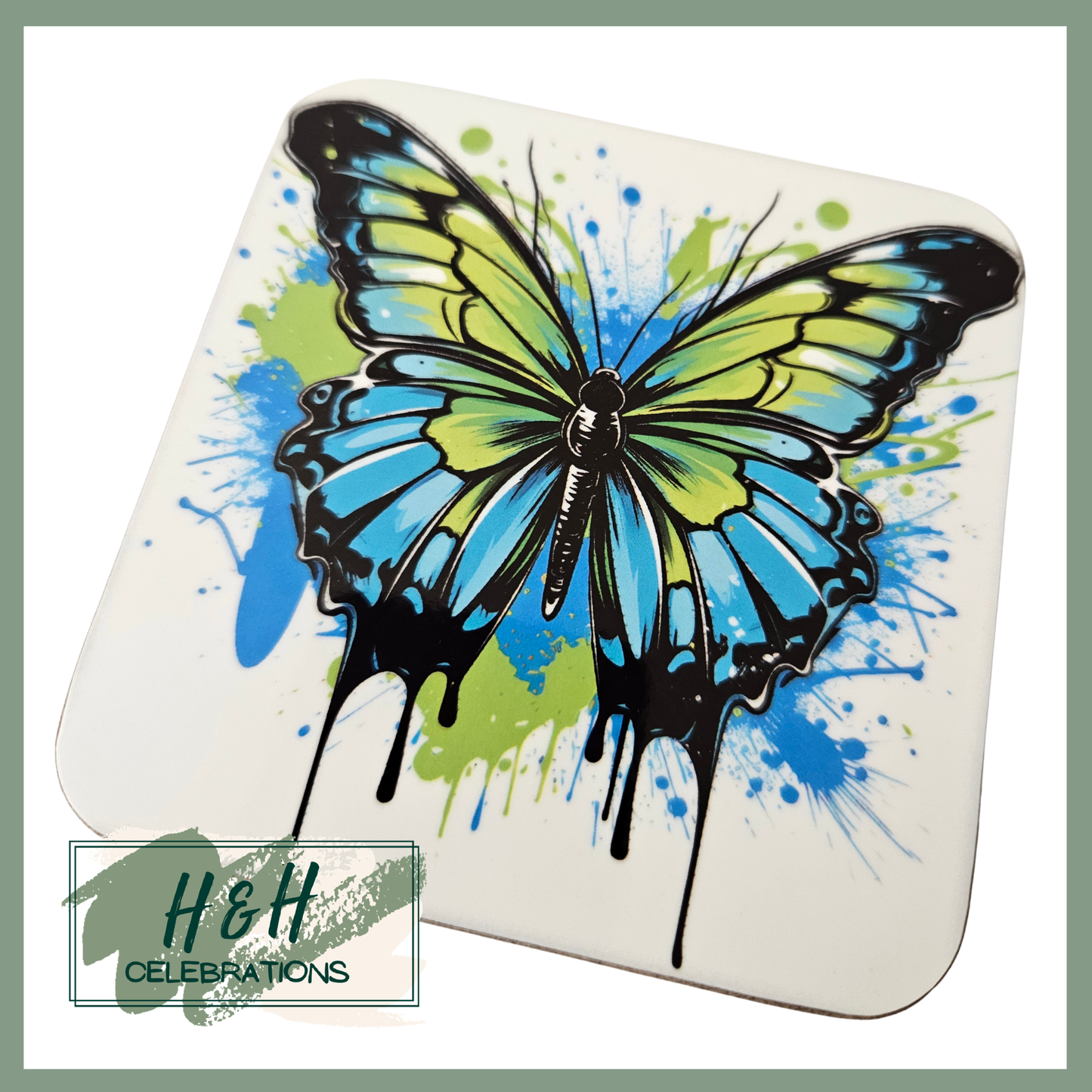 Green And Blue Butterfly MDF Coaster - Design 2