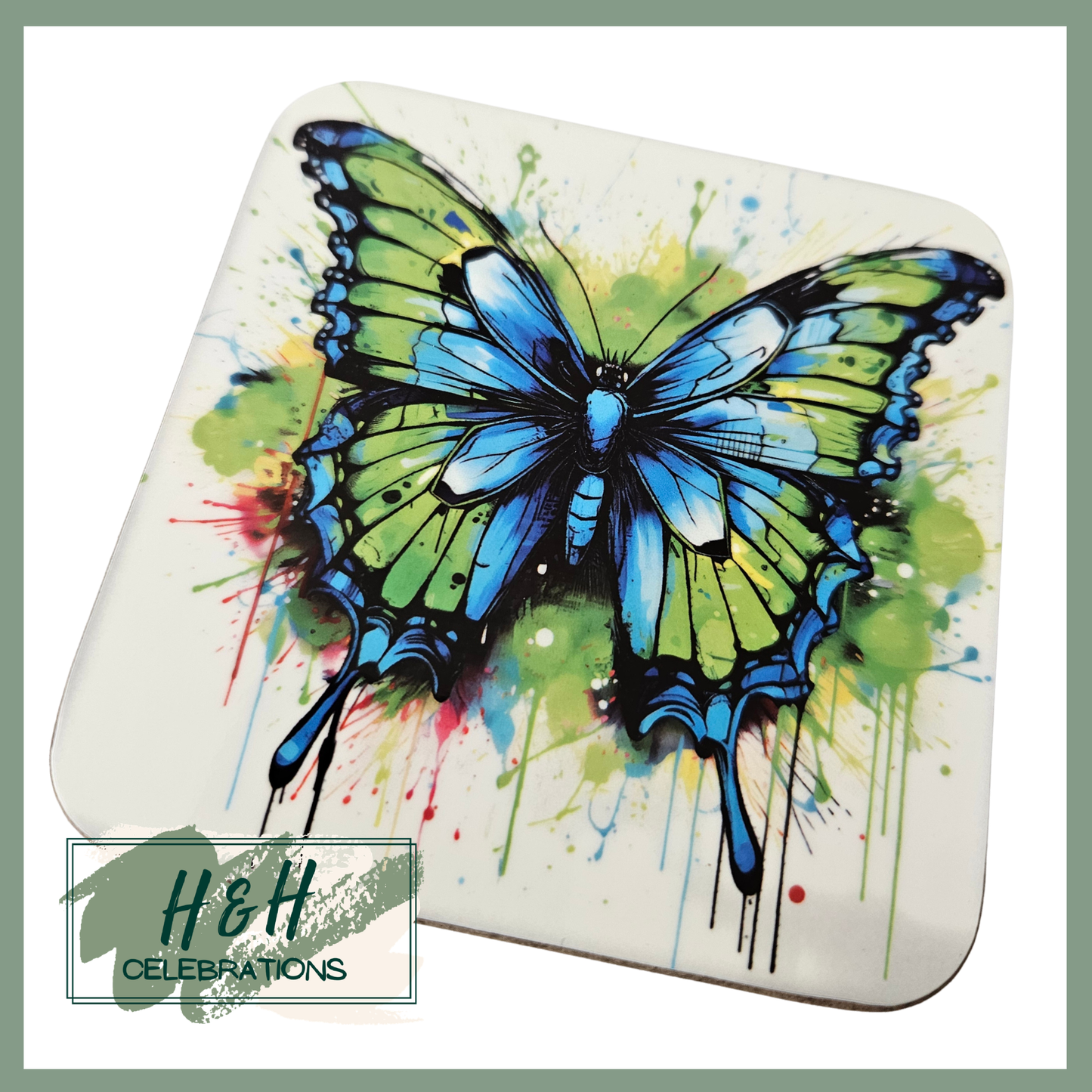 Green And Blue Butterfly MDF Coaster - Design 4