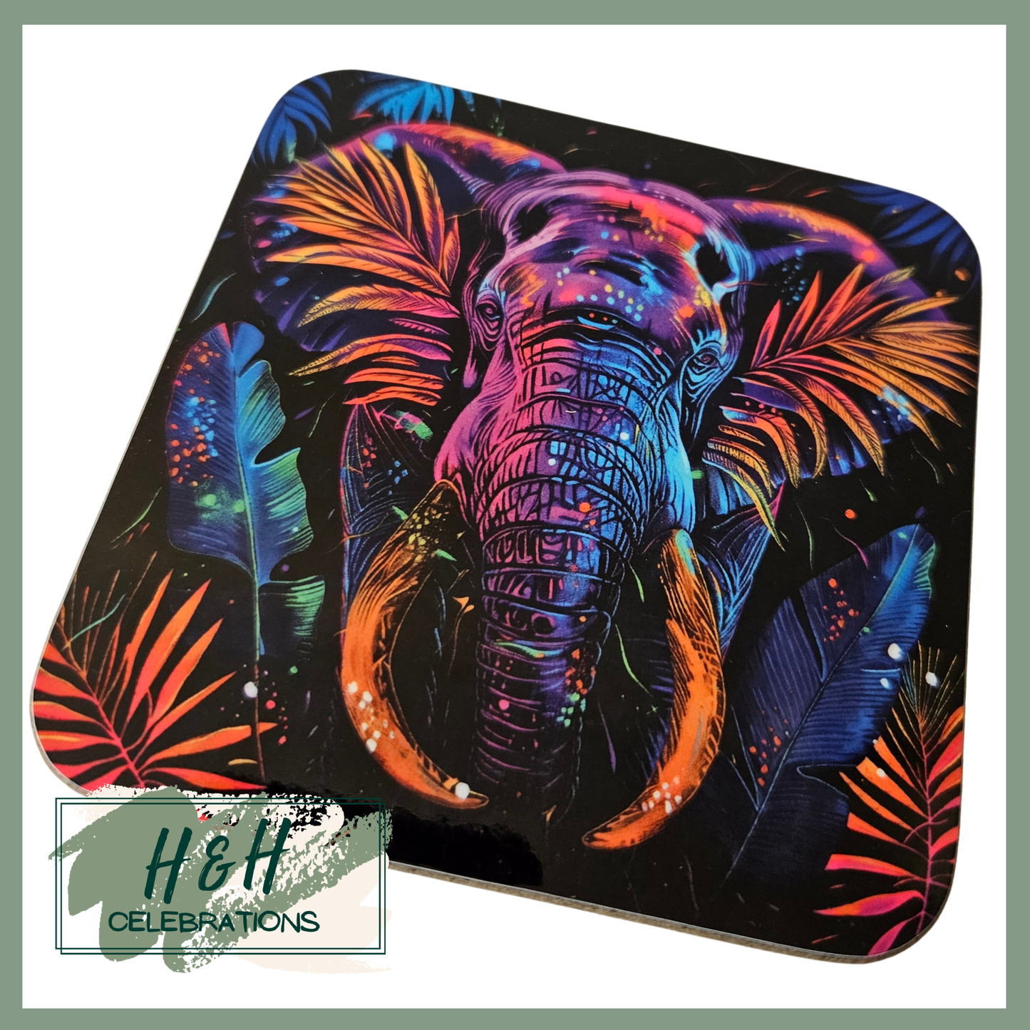 Neon Elephant MDF Coaster - Design 3