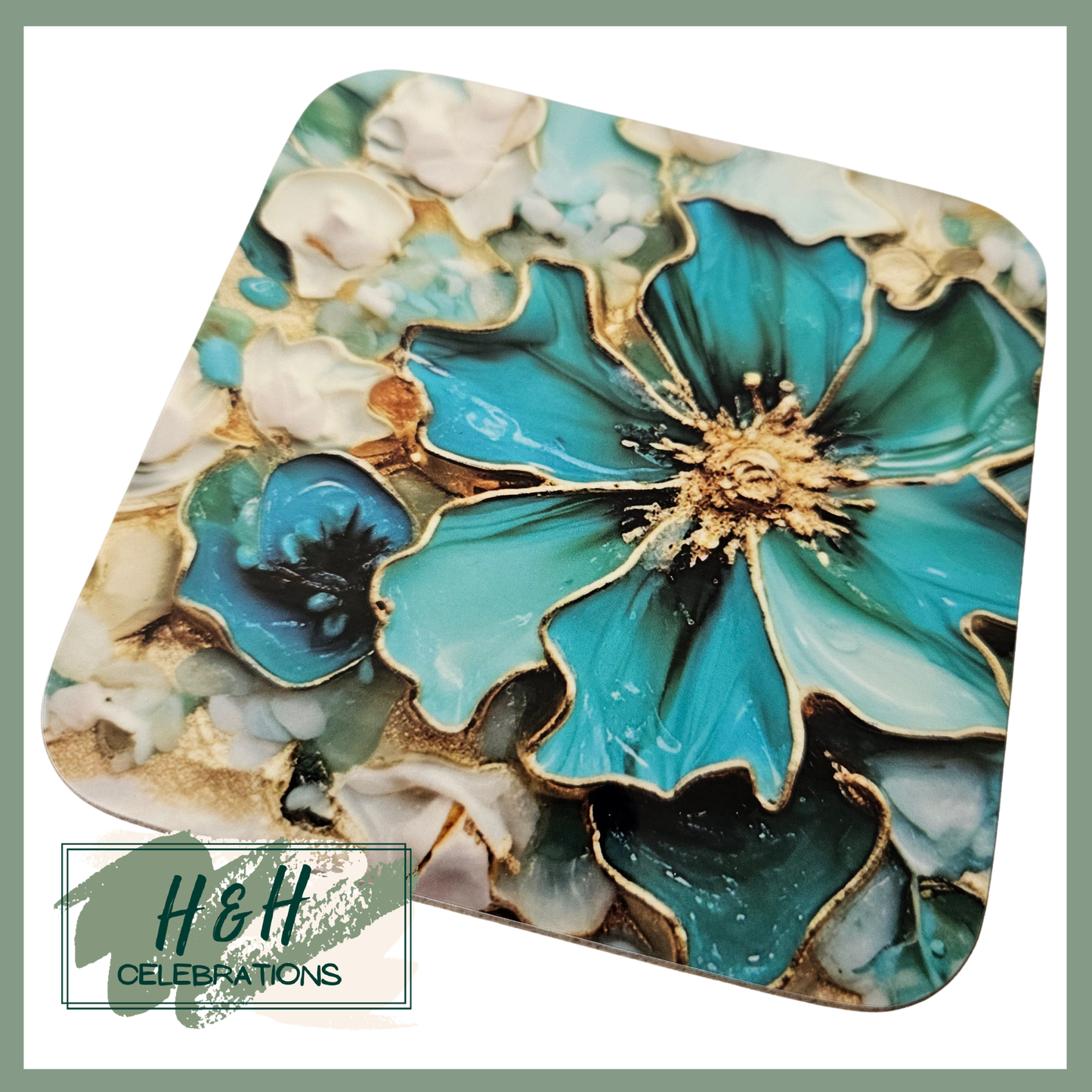 Teal Floral Print MDF Coaster - Design 4