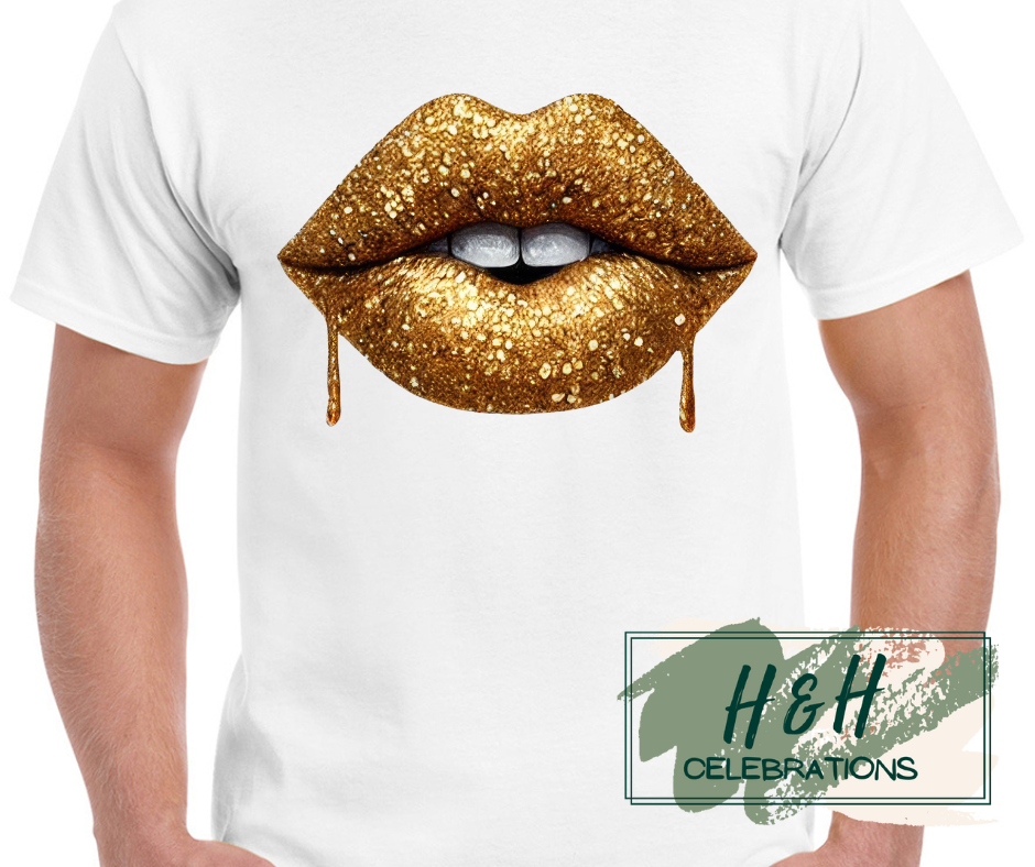 Gold Glitter Lips Womens T-Shirt - 13 Colours