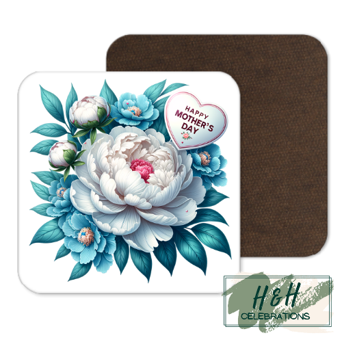 Happy Mother's Day Blue Floral Heart MDF Coaster