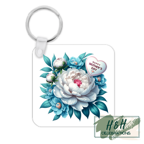 Happy Mother's Day Blue Floral Heart MDF Keyring