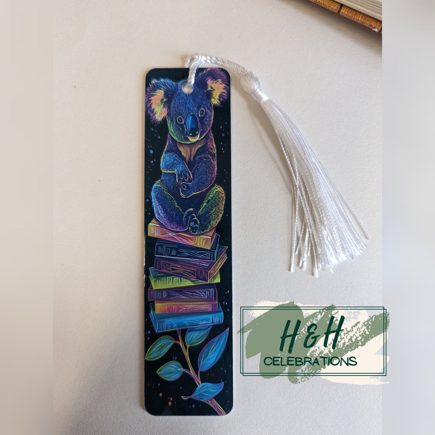 Neon Koala On Book Stack Bookmark