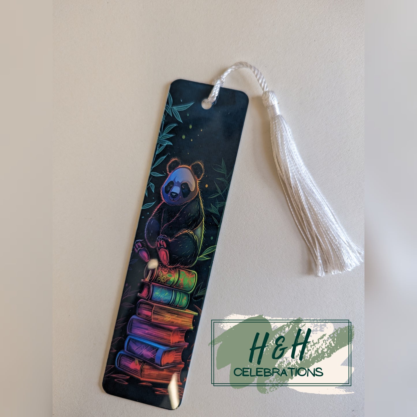 Neon Panda Sitting On A Book Stack Bookmark