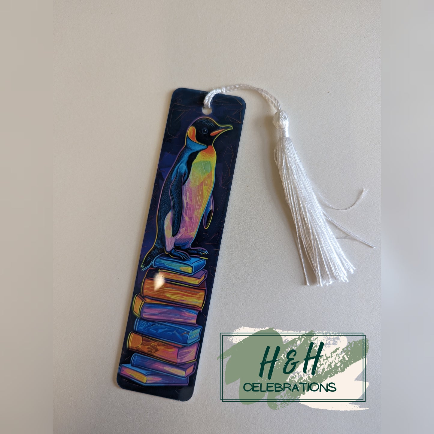 Neon Penguin On Stack Of Books Bookmark