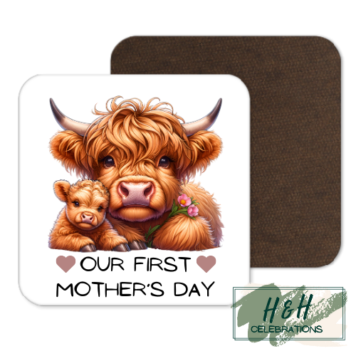Our First Mother's Day Highland Cow MDF Coaster