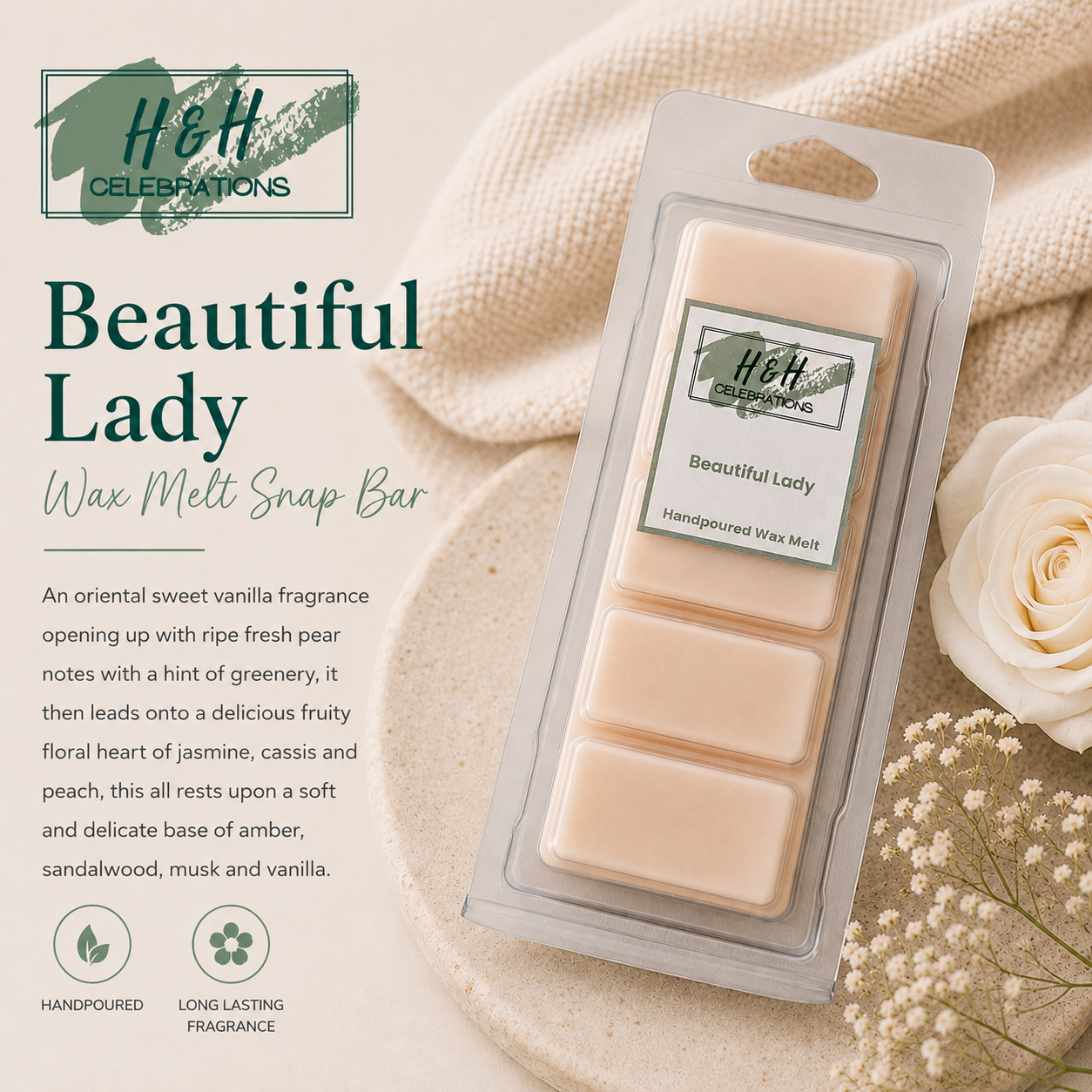 Packaged wax melt snap bar with 'H&H Celebrations' branding on a neutral background.