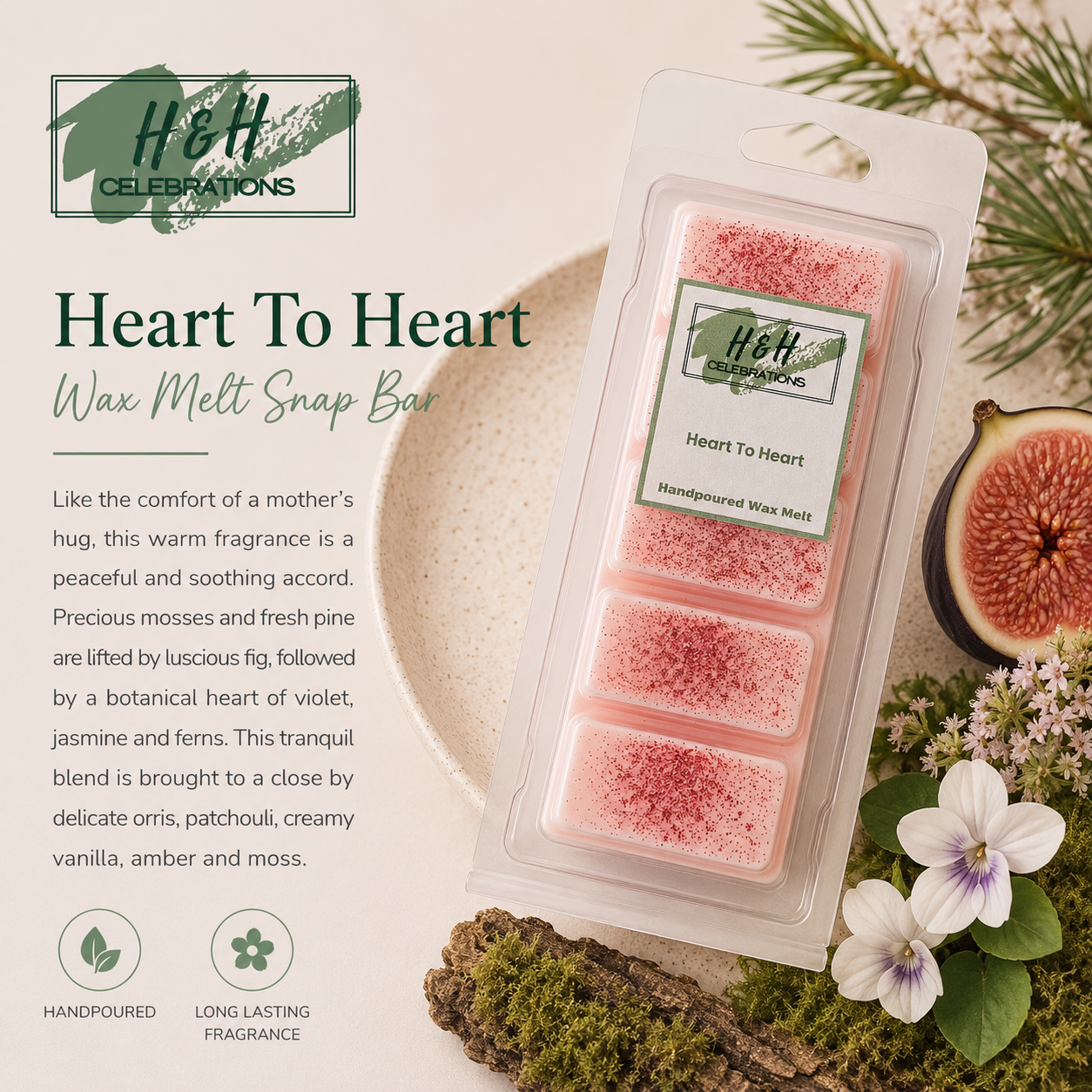 Heart To Heart wax melt snap bar packaging with floral and natural elements on a light background