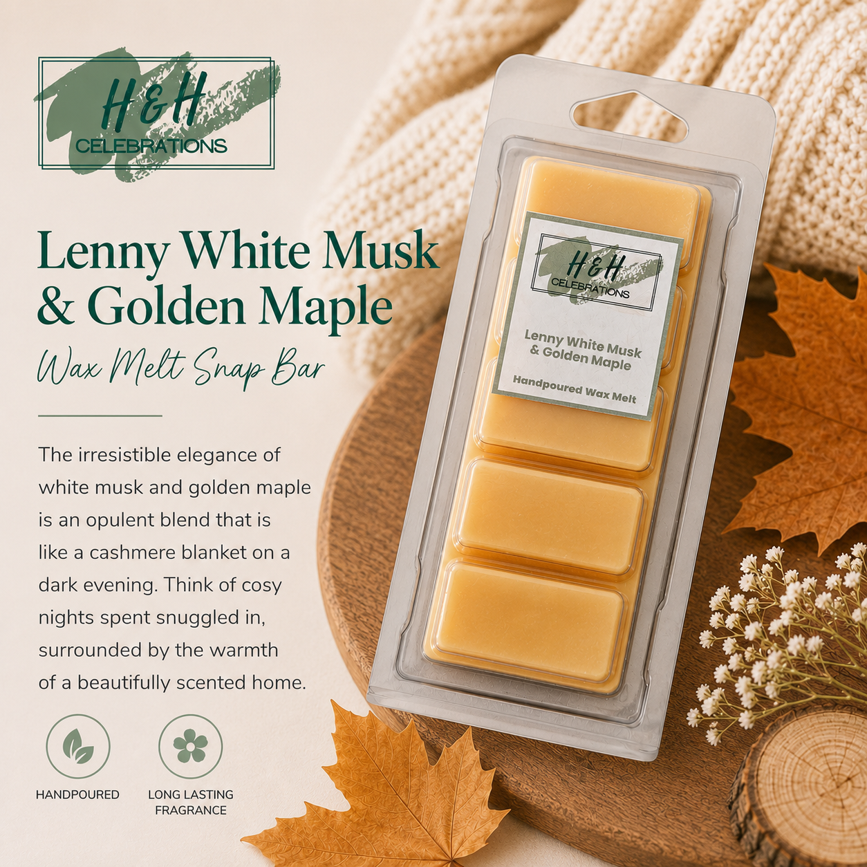 H&H Celebrations Lenny White Musk & Golden Maple wax melt snap bar packaging on a decorative background.
