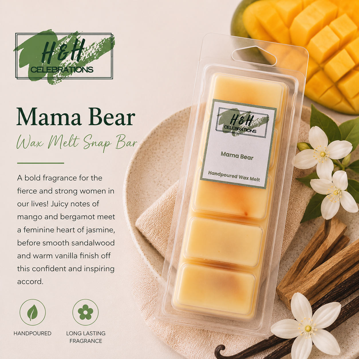 Packaged wax melt snap bar with mango and bergamot scents, surrounded by vanilla beans and flowers.
