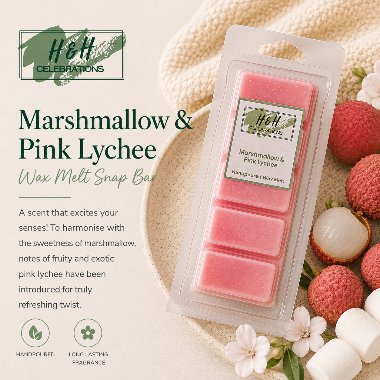 Marshmallow & Pink Lychee wax melt packaging with product details on a decorative background.