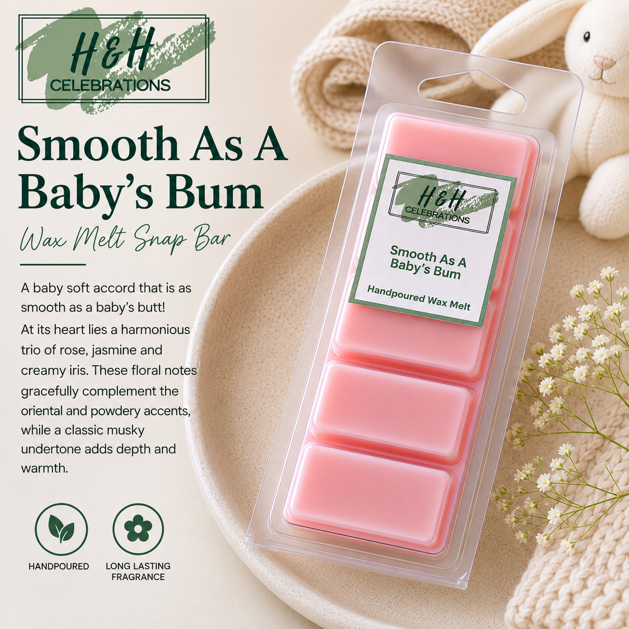 Packaged pink wax melt with H&H Celebrations branding on a neutral background.