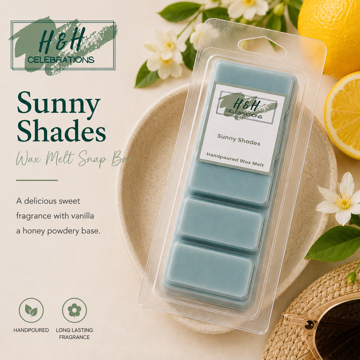 Packaged wax melts with lemon and flowers on a light background