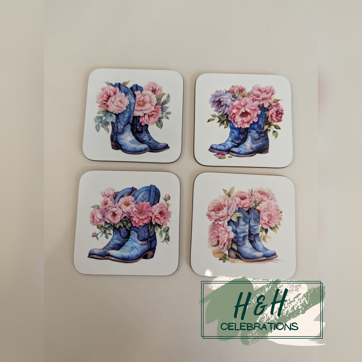 Blue Floral Cowboy Boots MDF Coaster - Design 1