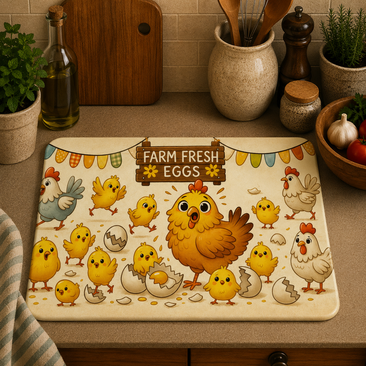 A rectangular kitchen mat with a colourful cartoon chicken and egg design, placed on a kitchen countertop surrounded by potted plants, jars, and a wooden cutting board.