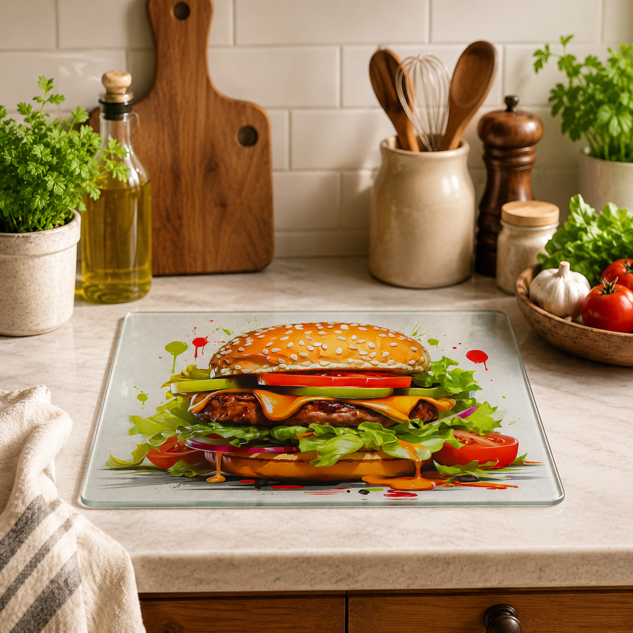 Gourmet cheeseburger toughened glass chopping board measuring 28.5 x 20cm featuring a colourful illustration of a juicy burger with lettuce, cheese, tomatoes, onions, and pickles.
