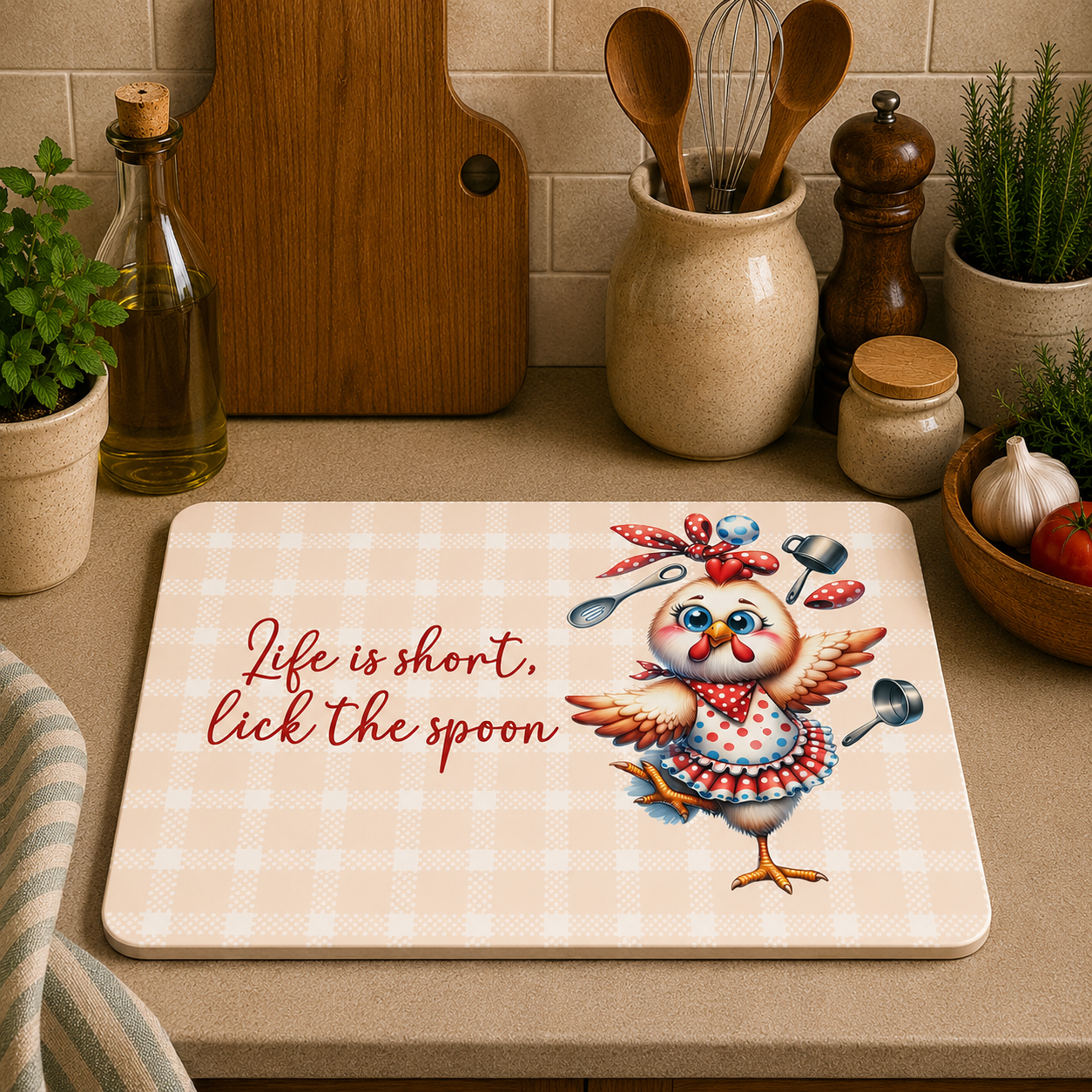Toughened glass chopping board measuring 28.5 x 20cm featuring a cute farmhouse chicken in a polka-dot apron with the quote "Life is Short, Lick the Spoon".