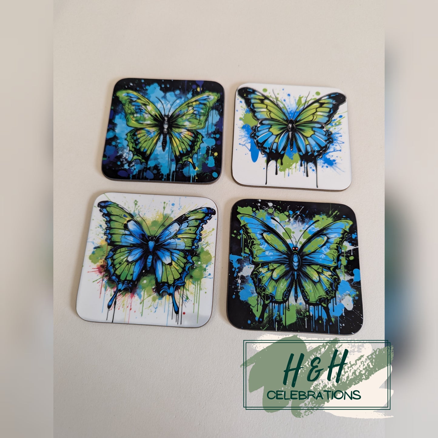Green And Blue Butterfly MDF Coaster - Design 1