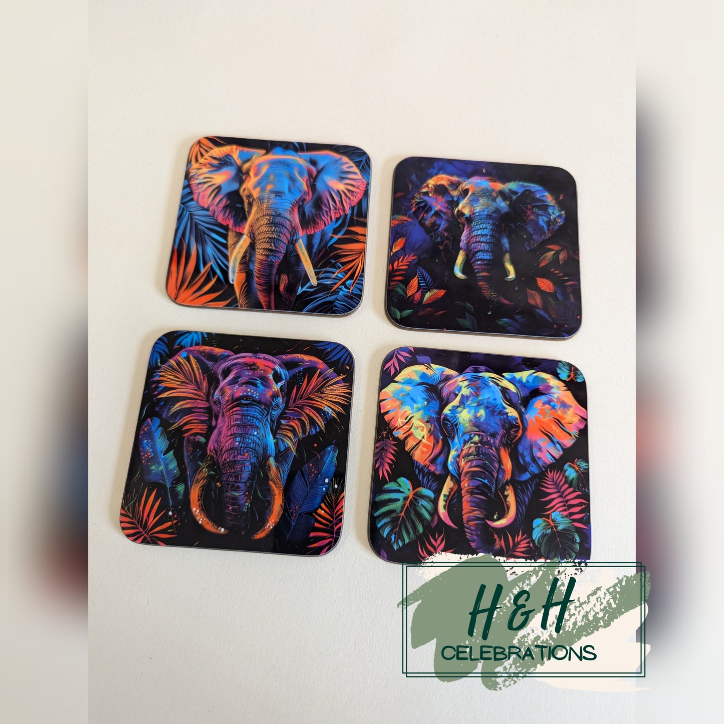 Neon Elephant MDF Coaster - Design 1