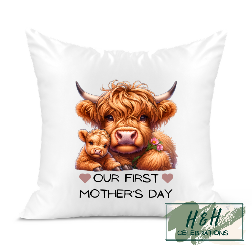Our First Mother's Day Highland Cow Cushion