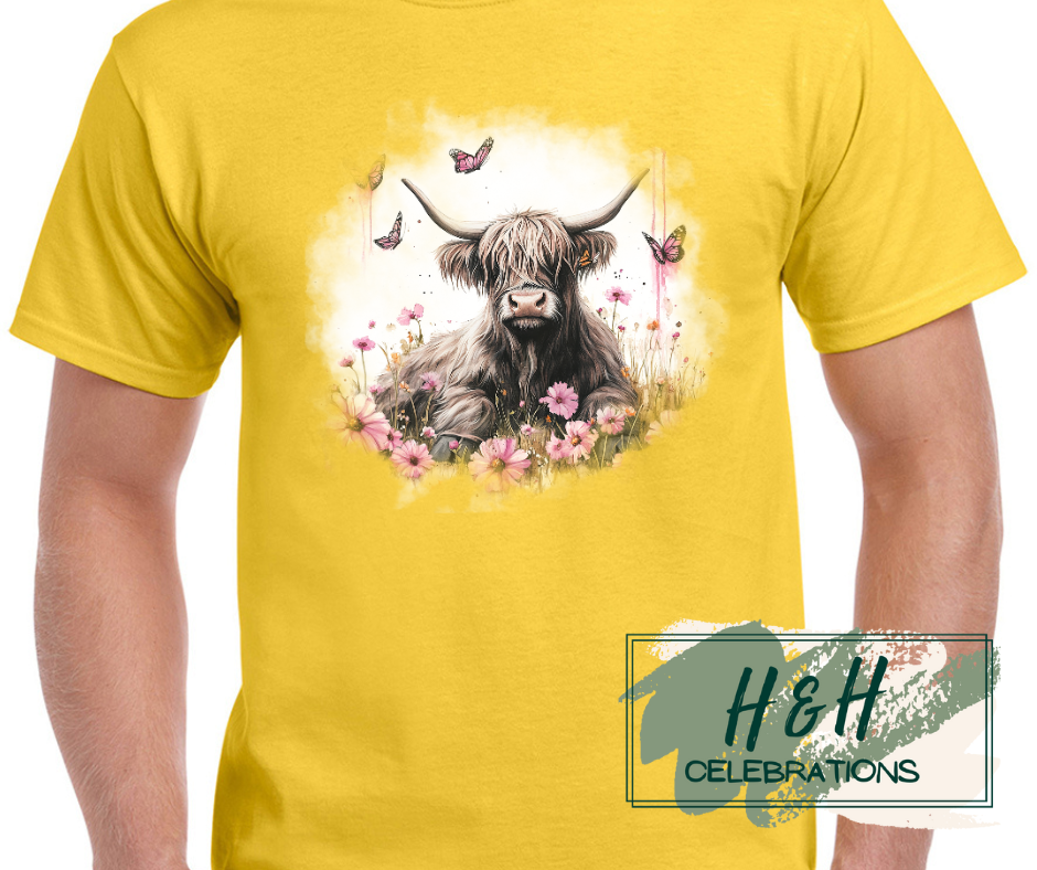 Womens Pink Floral Highland Cow T-Shirt - 15 Colours
