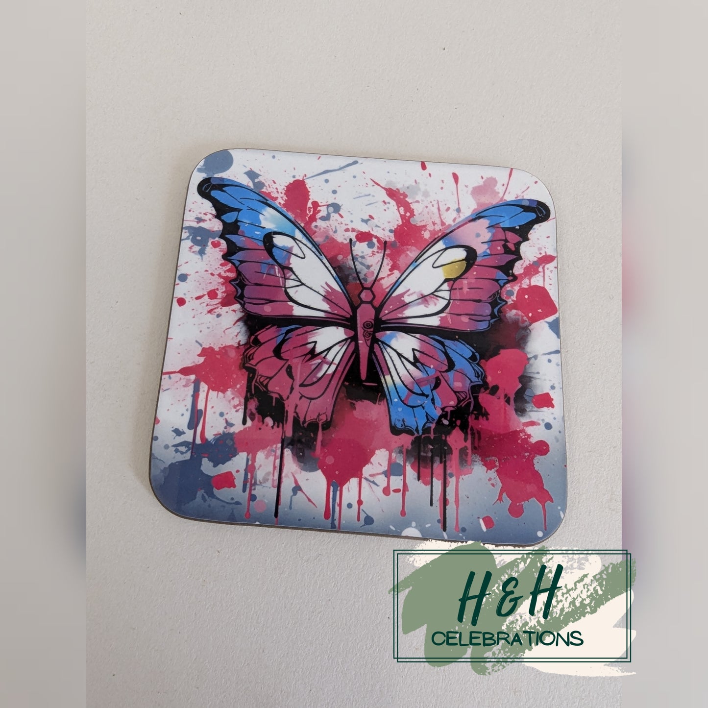 Pink Watercolour Splash Butterfly MDF Coaster - Design 2