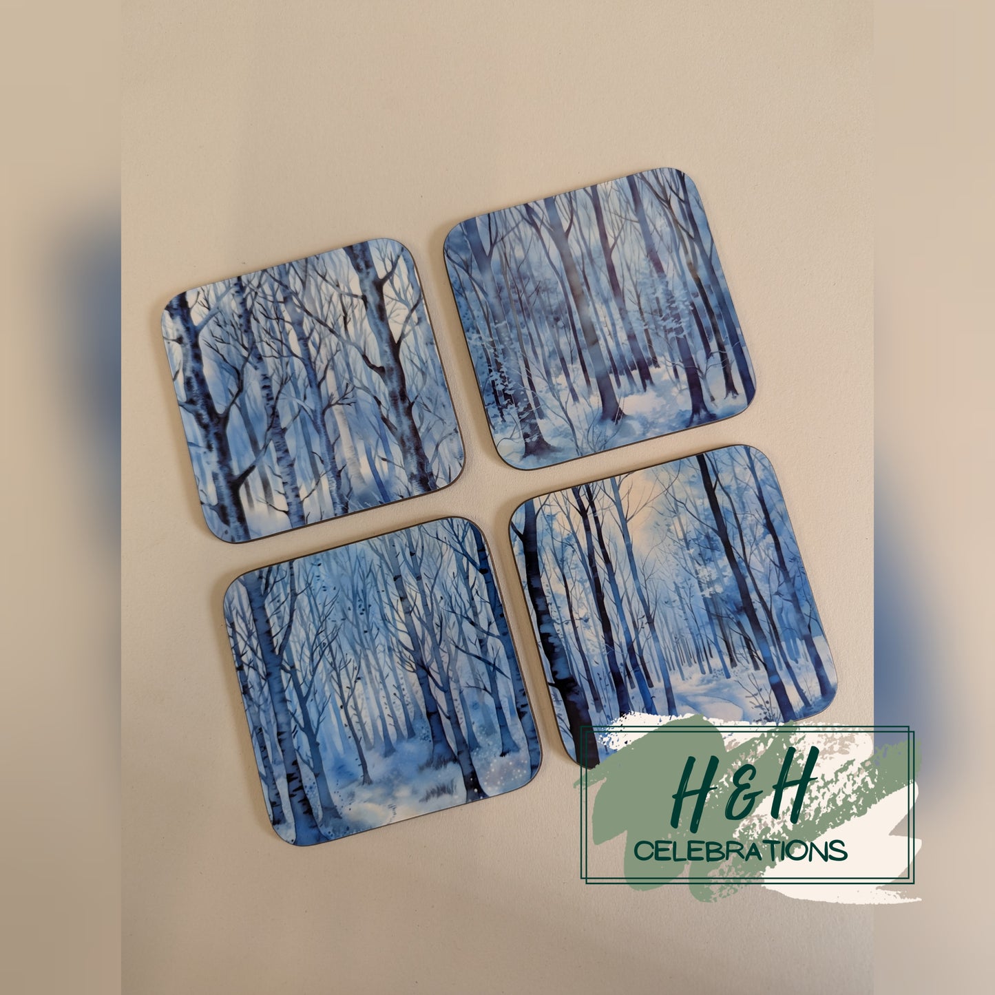Winter Woodlands Blue And White Print MDF Coaster - Design 3