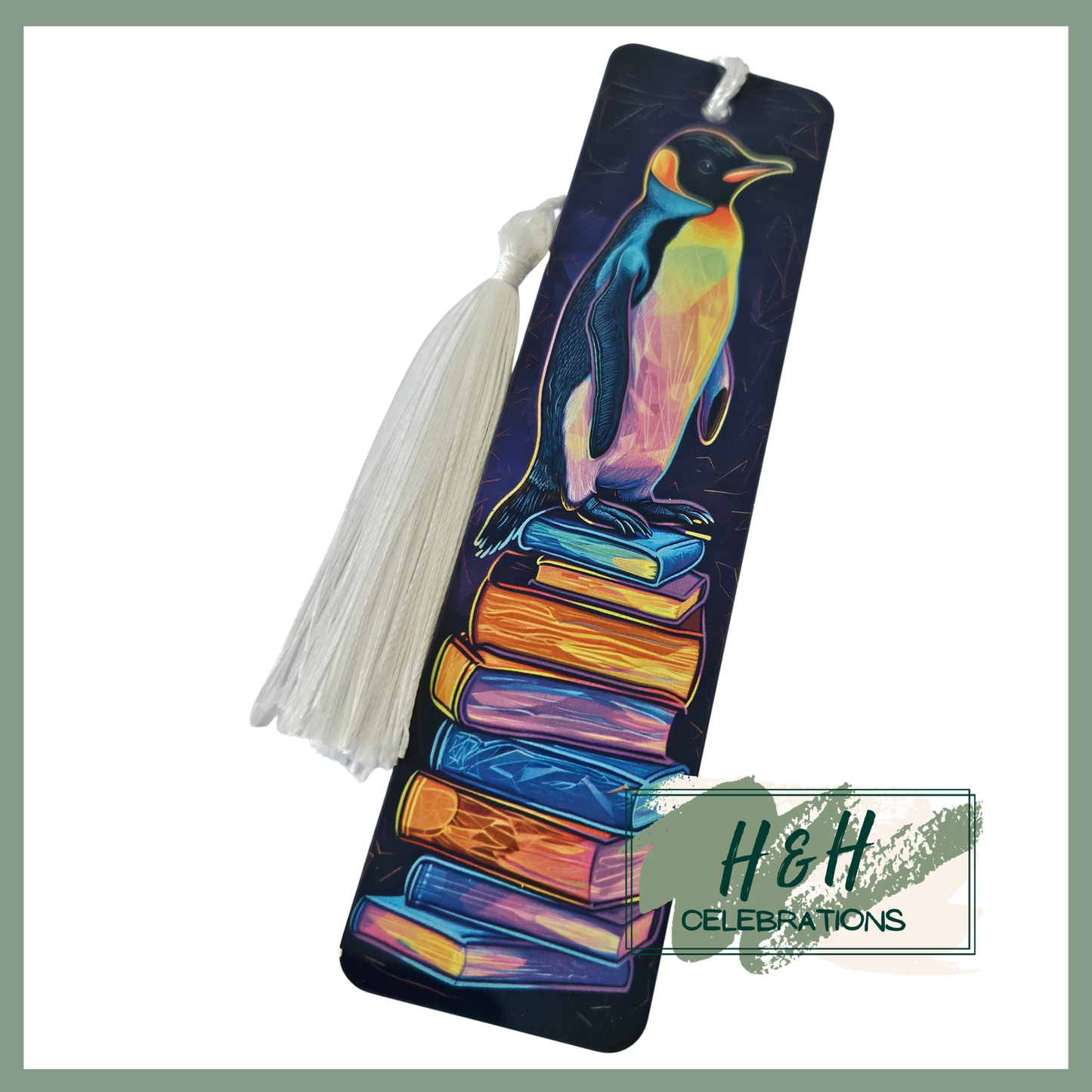 Neon Penguin On Stack Of Books Bookmark