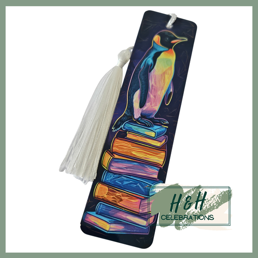 Neon Penguin On Stack Of Books Bookmark
