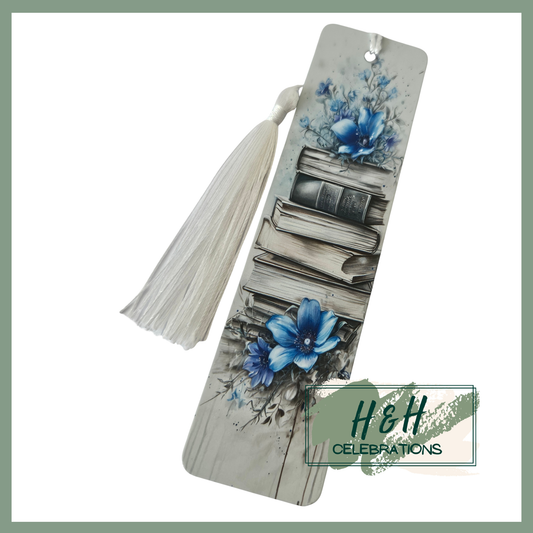Blue Floral Book Stack Bookmark