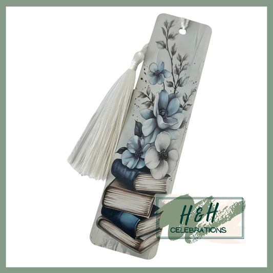 Blue Floral & Book Stack Bookmark
