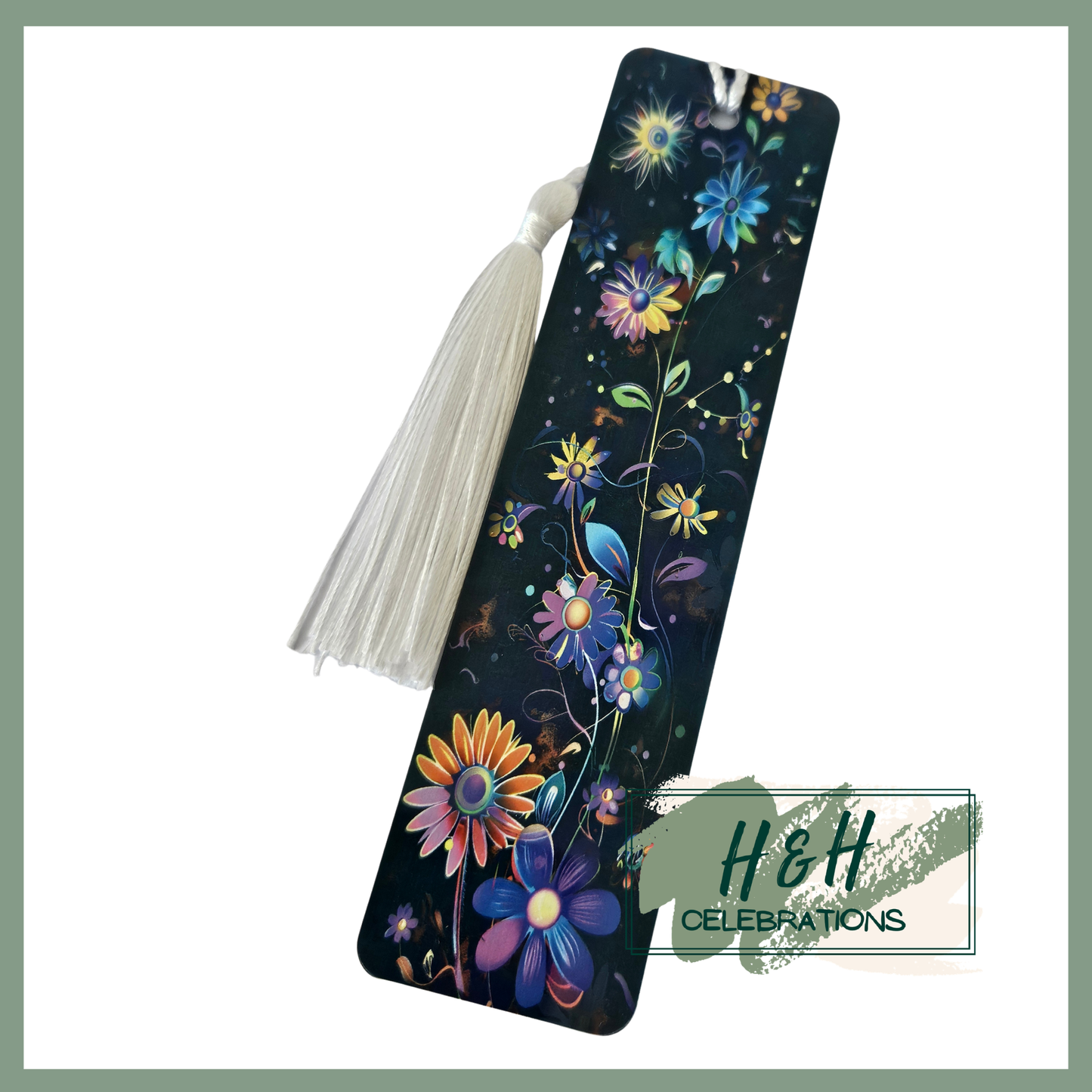 Black Background Neon Flowers Bookmark