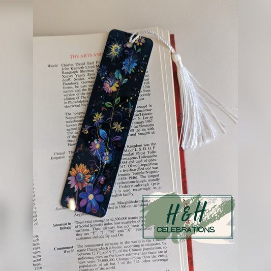 Black Background Neon Flowers Bookmark