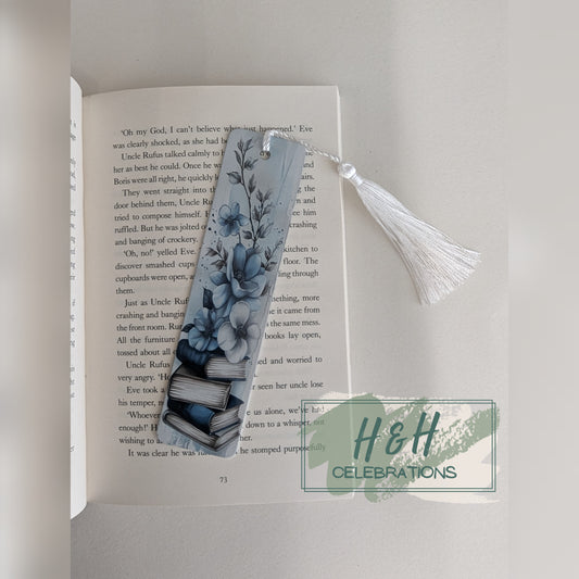 Blue Floral & Book Stack Bookmark