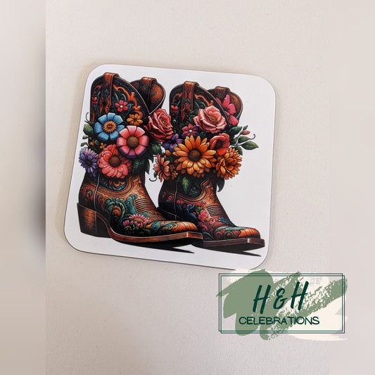 Brown Floral Cowboy Boots MDF Coaster - Design 1