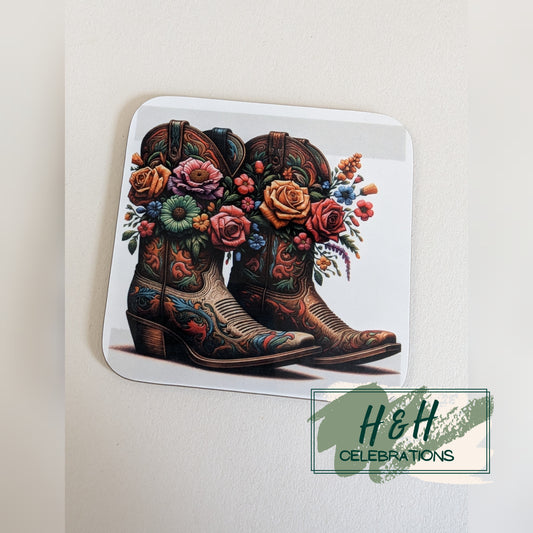 Brown Floral Cowboy Boots MDF Coaster - Design 2
