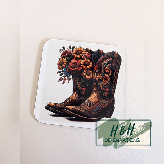 Brown Floral Cowboy Boots MDF Coaster - Design 3
