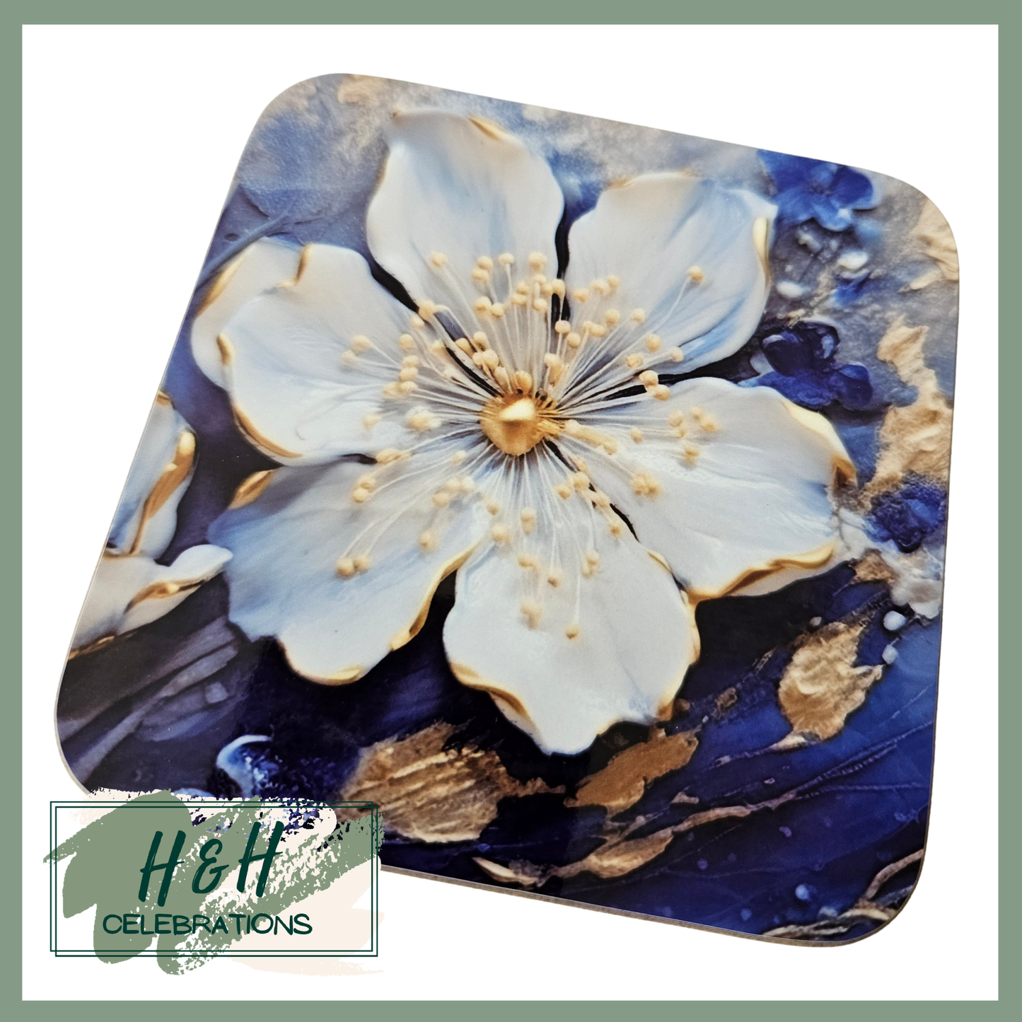 Blue And White Floral MDF Coaster - Design 1