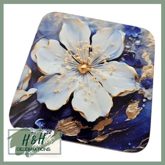 Blue And White Floral MDF Coaster - Design 1