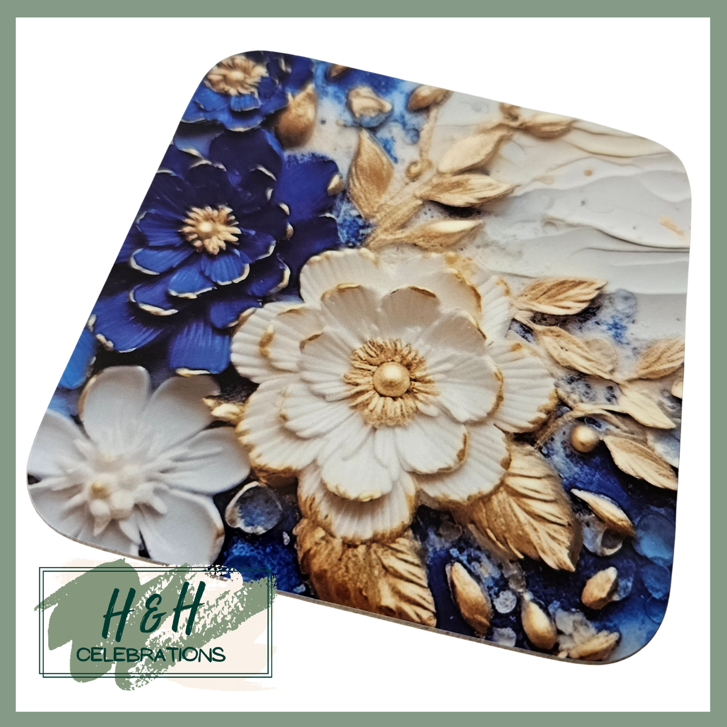 Blue And White Floral MDF Coaster - Design 2