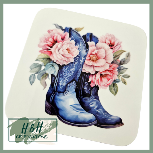 Blue Floral Cowboy Boots MDF Coaster - Design 1