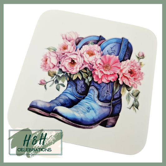 Blue Floral Cowboy Boots MDF Coaster - Design 3