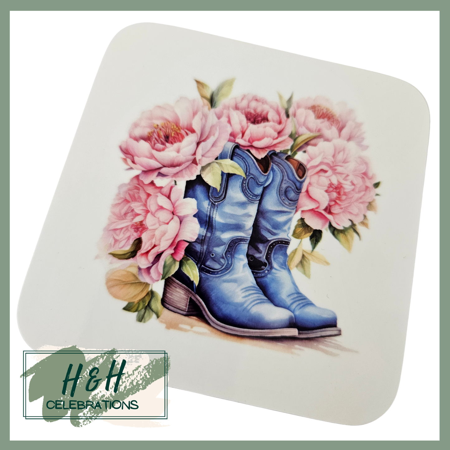 Blue Floral Cowboy Boots MDF Coaster - Design 4