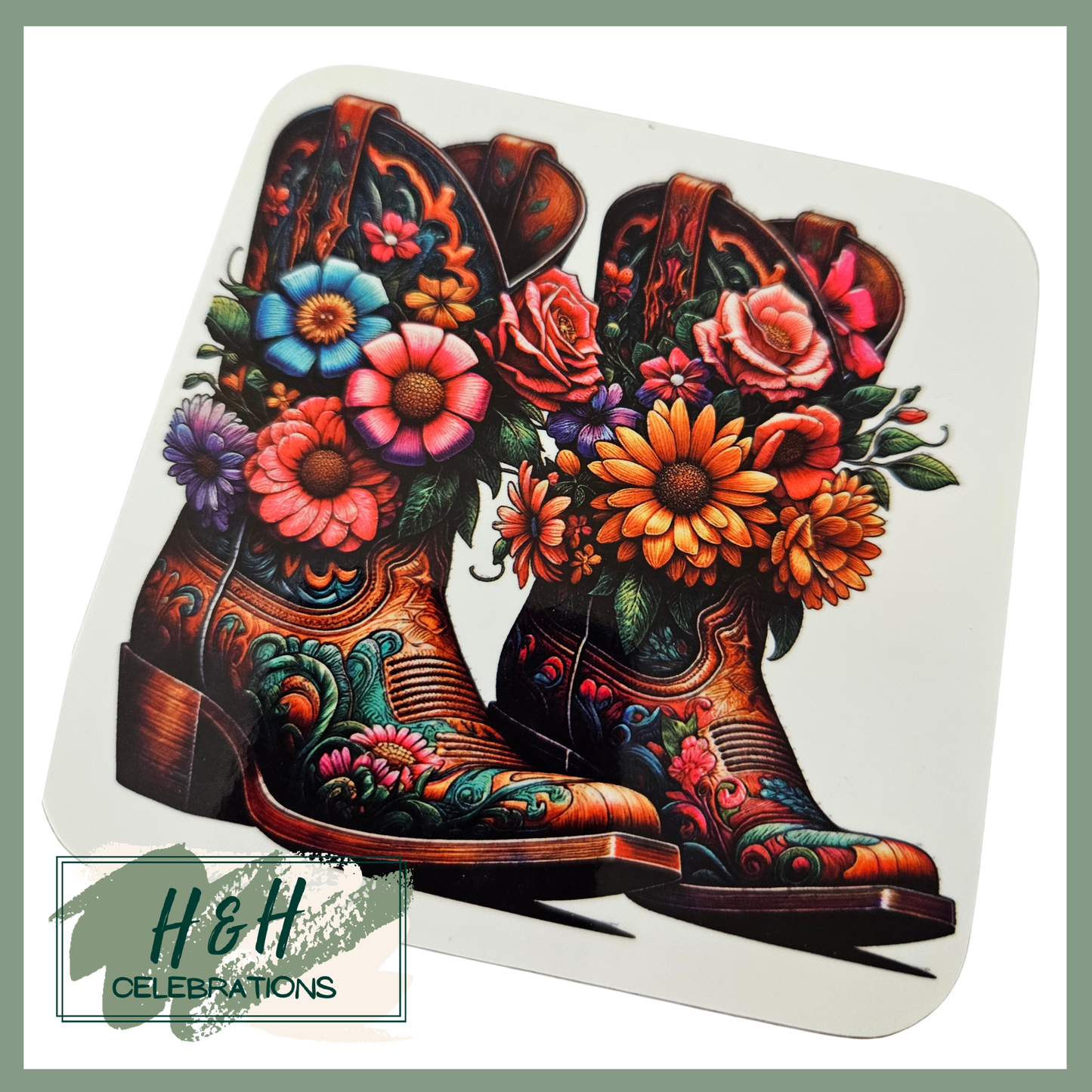 Brown Floral Cowboy Boots MDF Coaster - Design 1